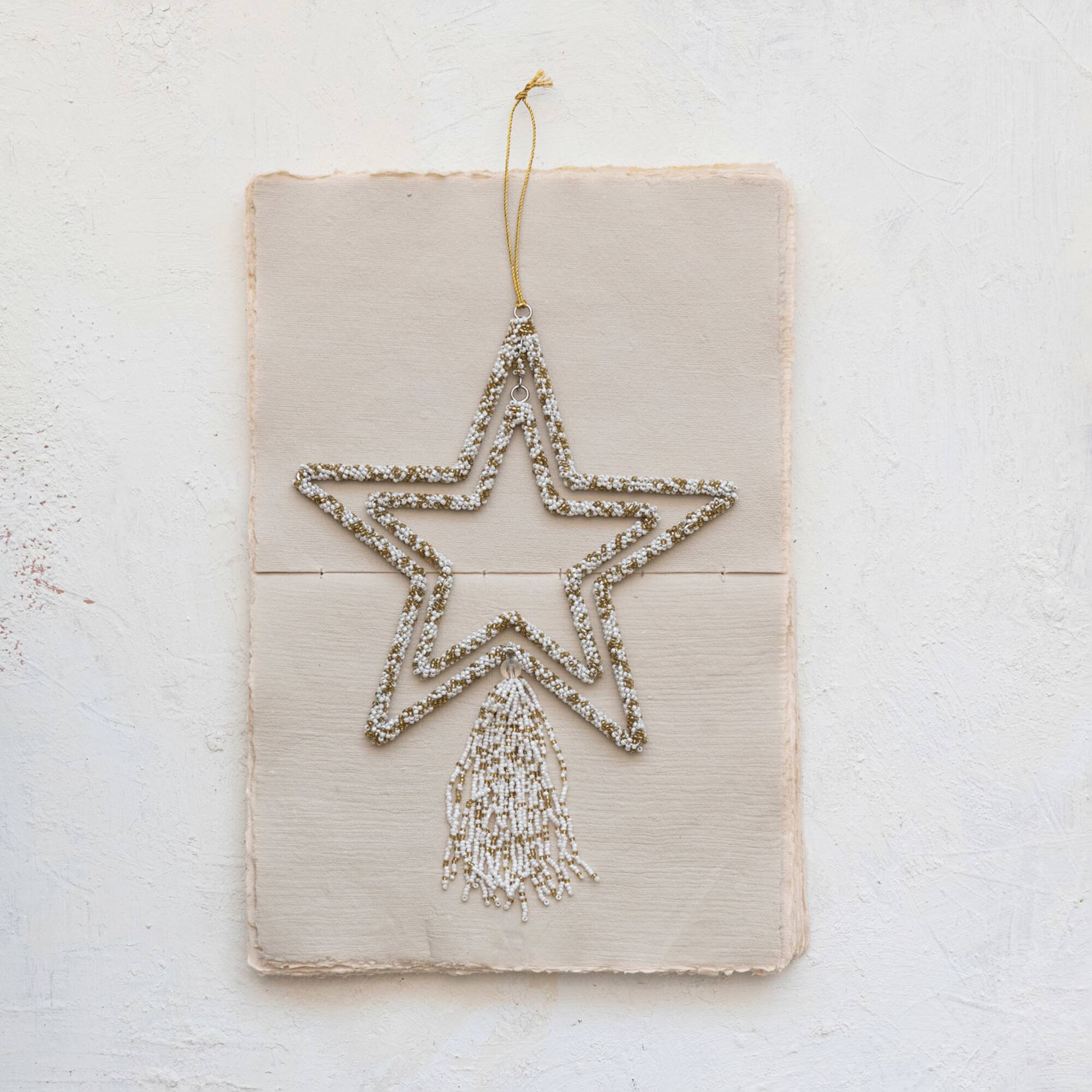 Hello Honey® 10" Gold & White Metal Star Glass Beaded Ornament with Tassel